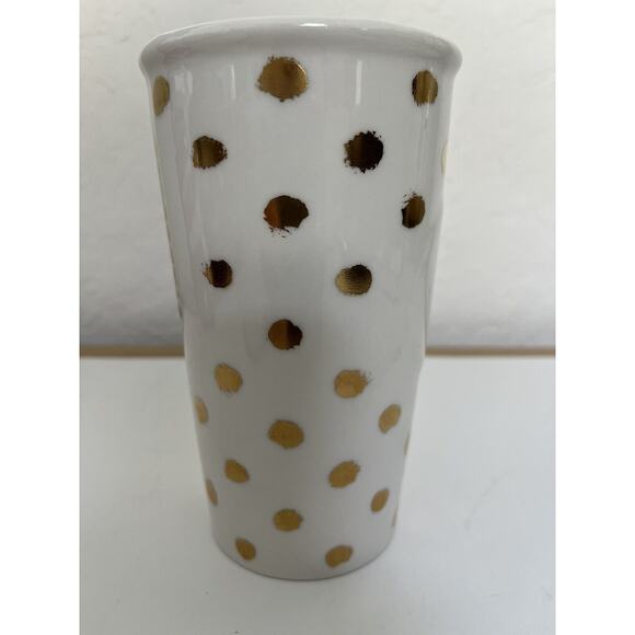 Starbucks Ceramic 2014 Gold Polka Dot Collection Travel Mug Tumbler w Lid 10 oz - Picture 6 of 12